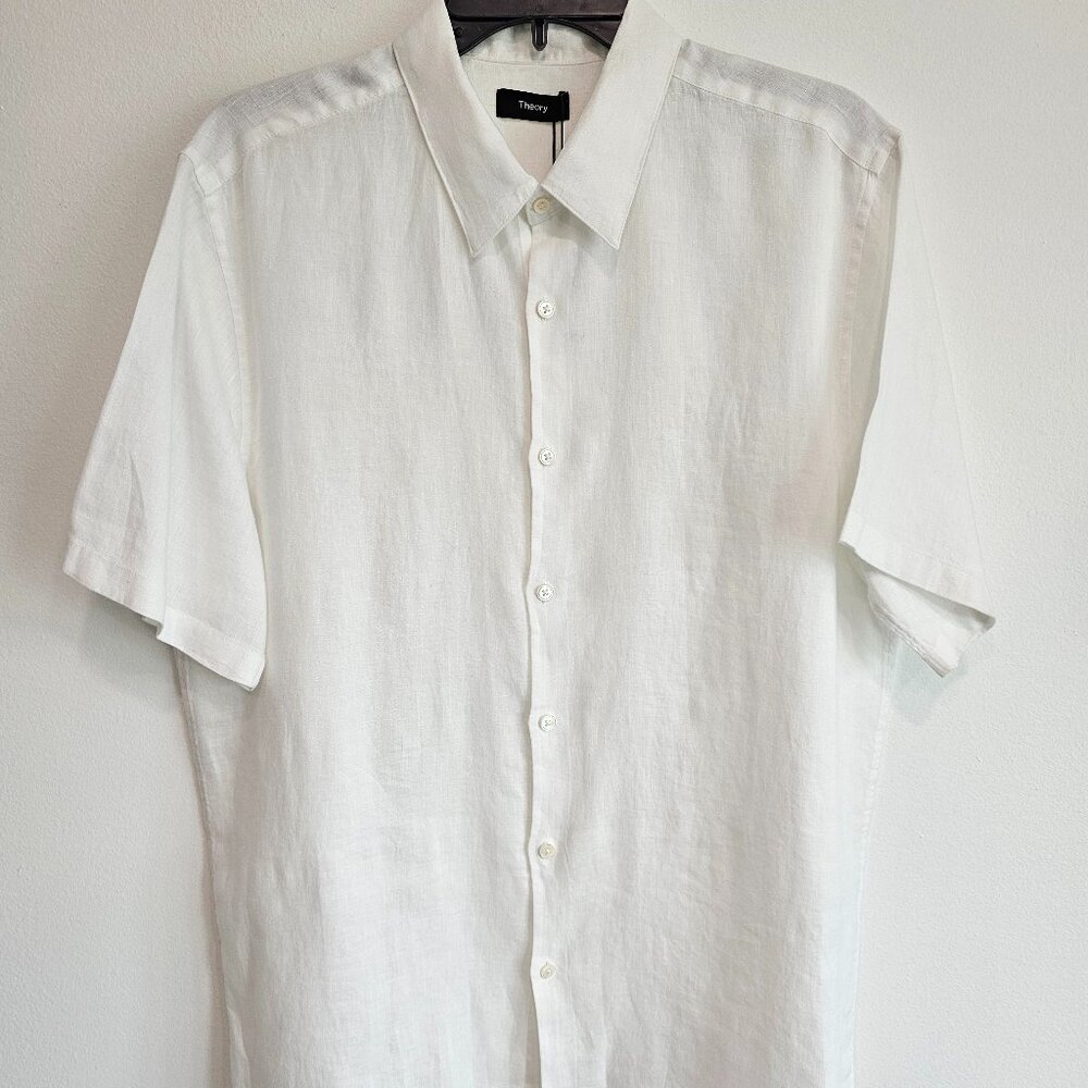 Theory Mens Irving Short Sleeve Linen Shirt, Size Large, White, NWT